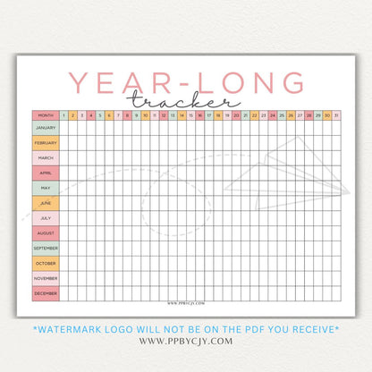 Year-Long Tracker Printable PDF Template for tracking habits, goals, and progress over 12 months.