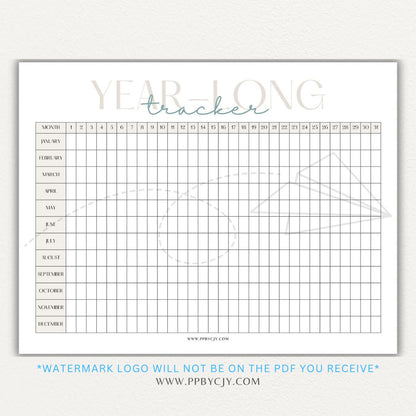 Year-Long Tracker Printable PDF Template for tracking habits, goals, and progress over 12 months.