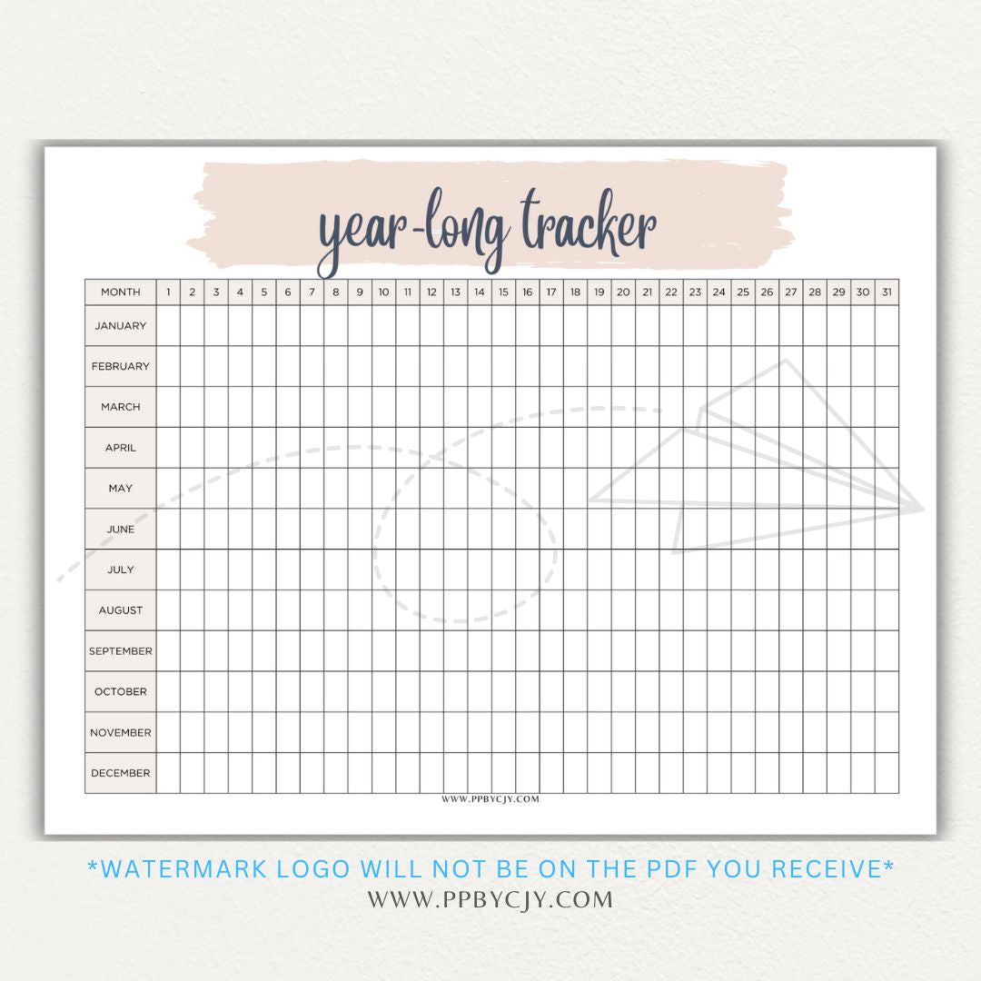 Year-Long Tracker Printable PDF Template for tracking habits, goals, and progress over 12 months.