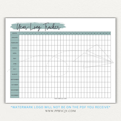 Year-Long Tracker Printable PDF Template for tracking habits, goals, and progress over 12 months.