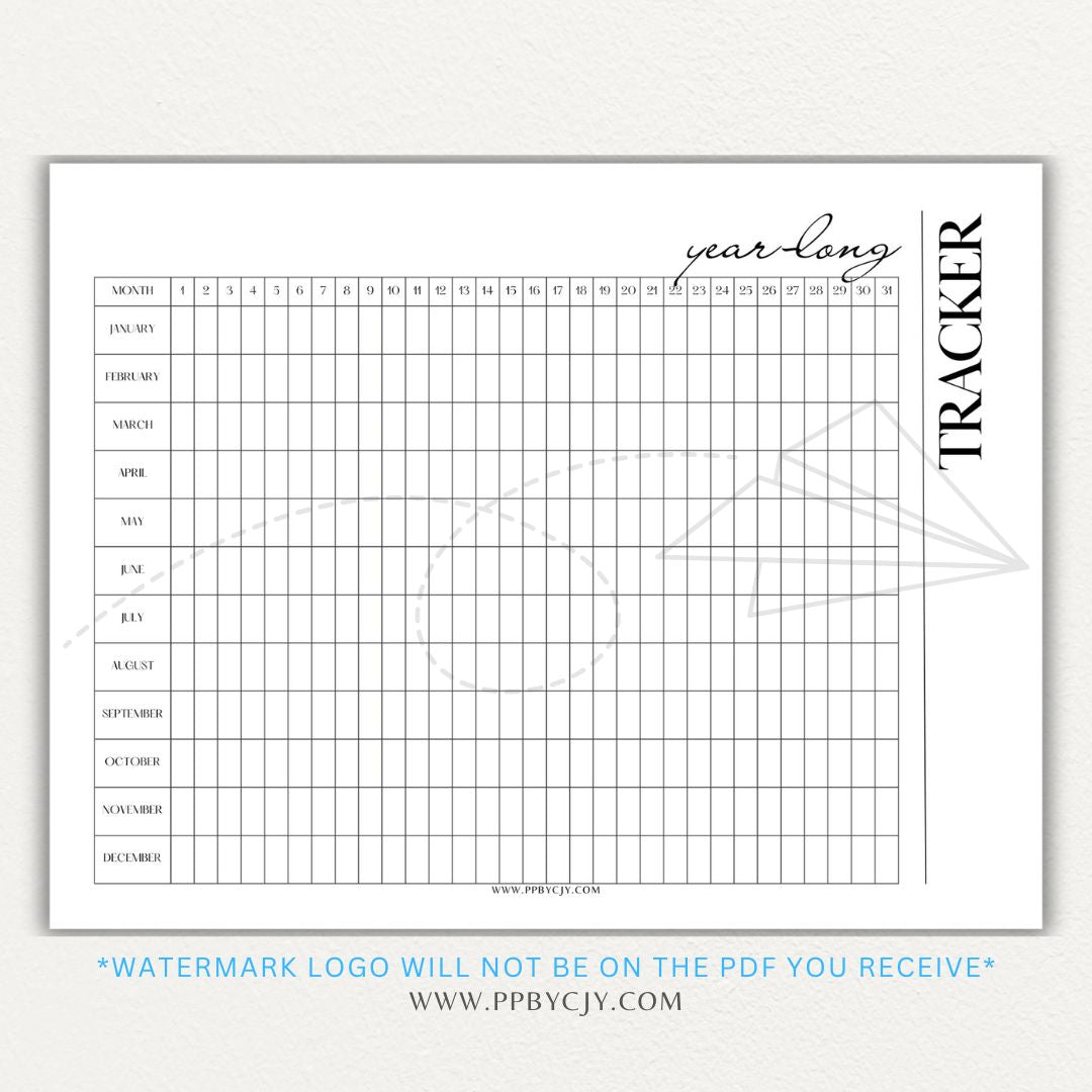 Year-Long Tracker Printable PDF Template for tracking habits, goals, and progress over 12 months.