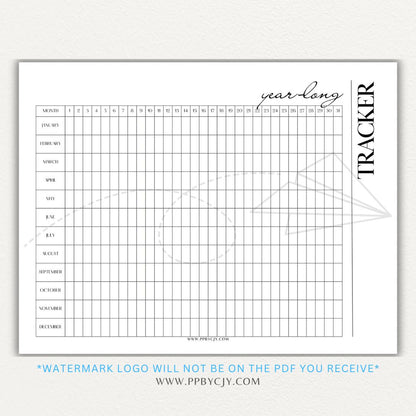 Year-Long Tracker Printable PDF Template for tracking habits, goals, and progress over 12 months.