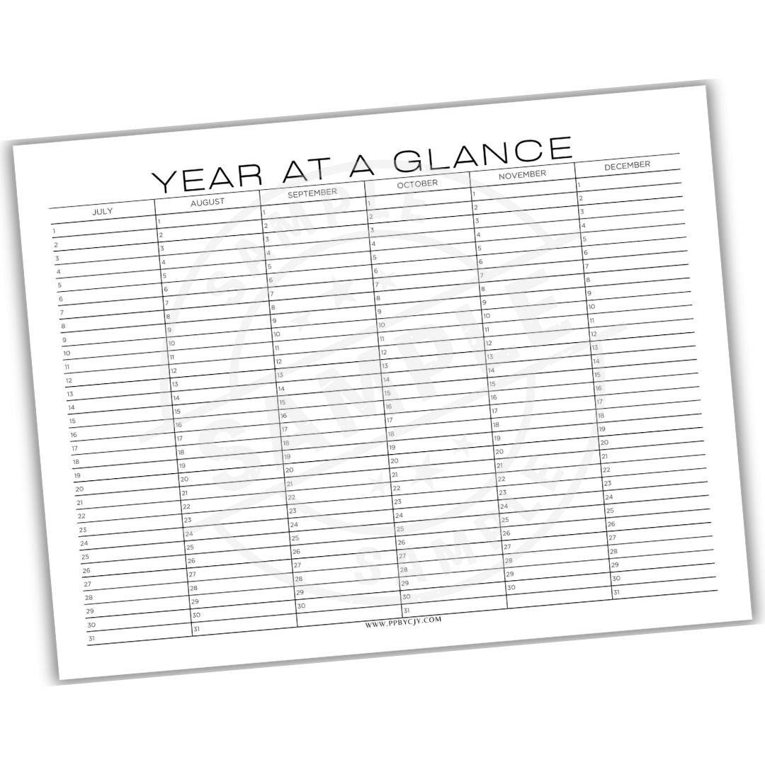 Year at a Glance calendar sheet with months listed vertically