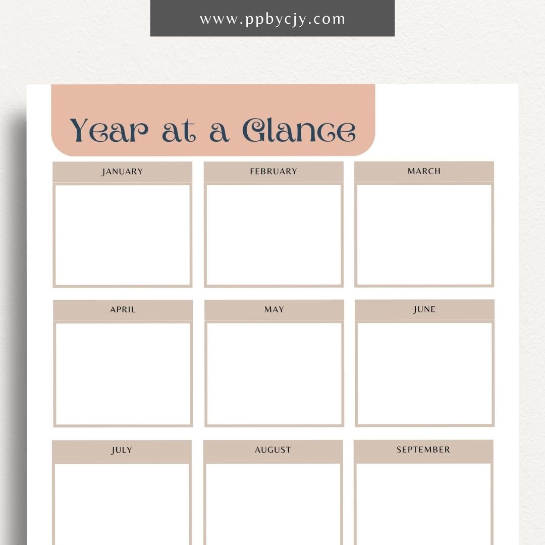 Year at a Glance Printable Template – Digital download for viewing and organizing the entire year at a glance, including important dates, events, and milestones