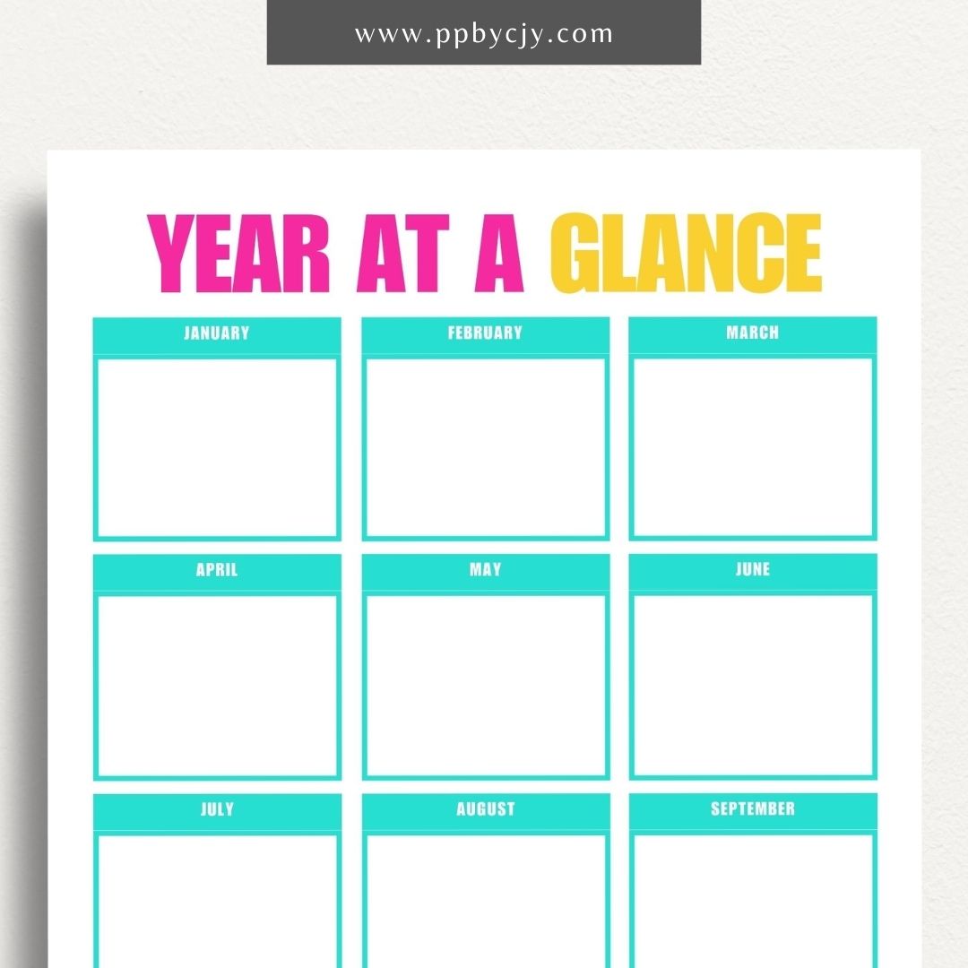 Year at a Glance Printable Template – Digital download for viewing and organizing the entire year at a glance, including important dates, events, and milestones