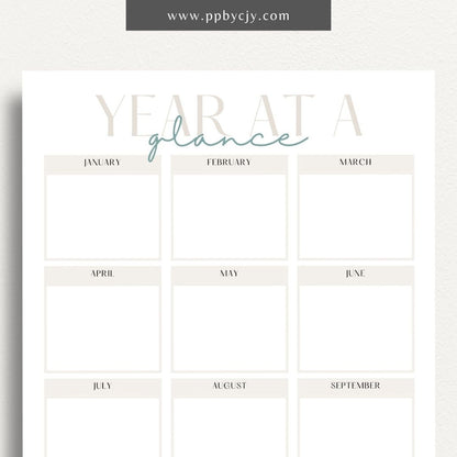 Year at a Glance Printable Template – Digital download for viewing and organizing the entire year at a glance, including important dates, events, and milestones