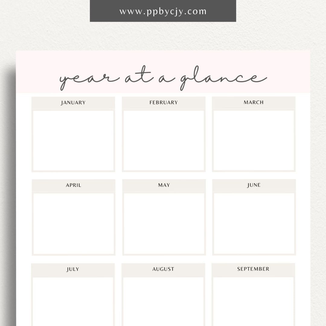 Year at a Glance Printable Template – Digital download for viewing and organizing the entire year at a glance, including important dates, events, and milestones