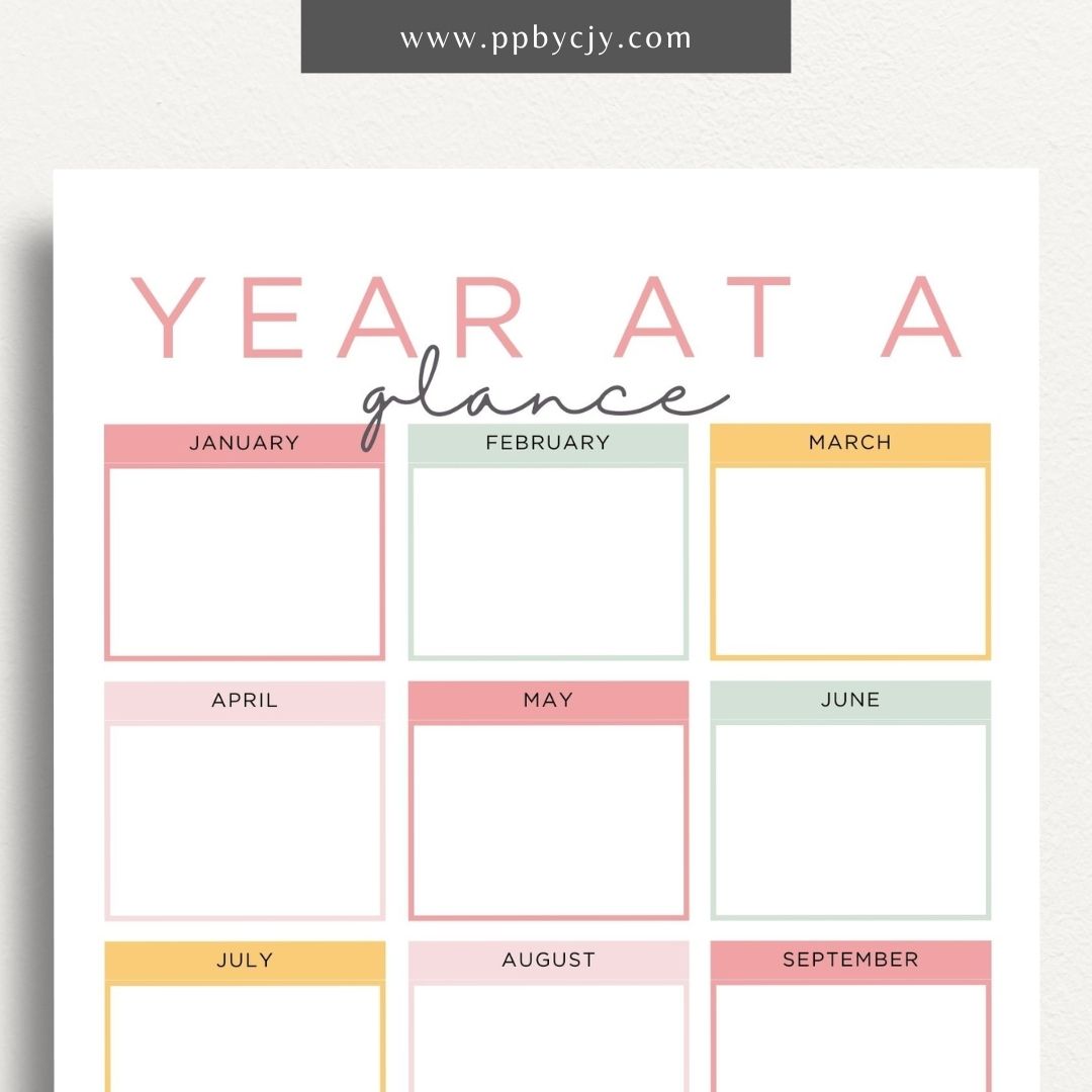 Year at a Glance Printable Template – Digital download for viewing and organizing the entire year at a glance, including important dates, events, and milestones