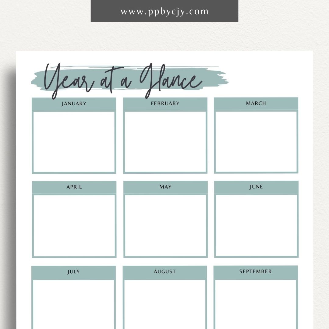 Year at a Glance Printable Template – Digital download for viewing and organizing the entire year at a glance, including important dates, events, and milestones