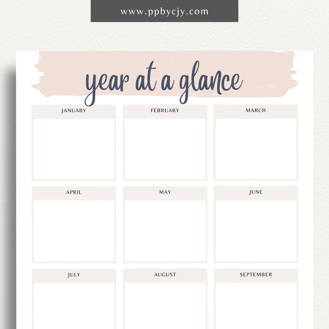 Year at a Glance Printable Template – Digital download for viewing and organizing the entire year at a glance, including important dates, events, and milestones