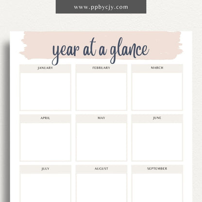 Year at a Glance Printable Template – Digital download for viewing and organizing the entire year at a glance, including important dates, events, and milestones