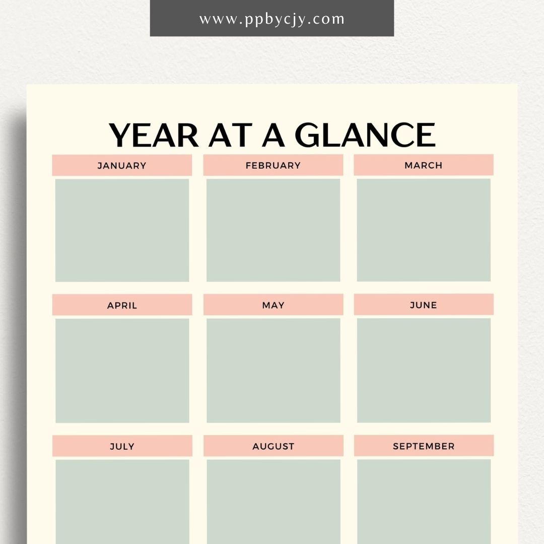 Year at a Glance Printable Template – Digital download for viewing and organizing the entire year at a glance, including important dates, events, and milestones