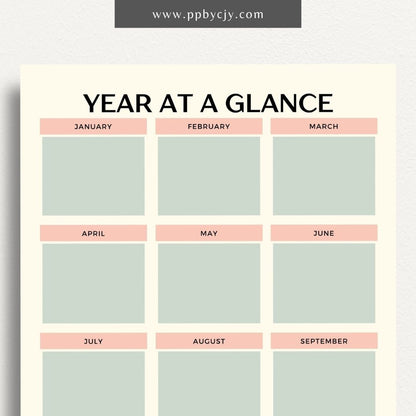 Year at a Glance Printable Template – Digital download for viewing and organizing the entire year at a glance, including important dates, events, and milestones