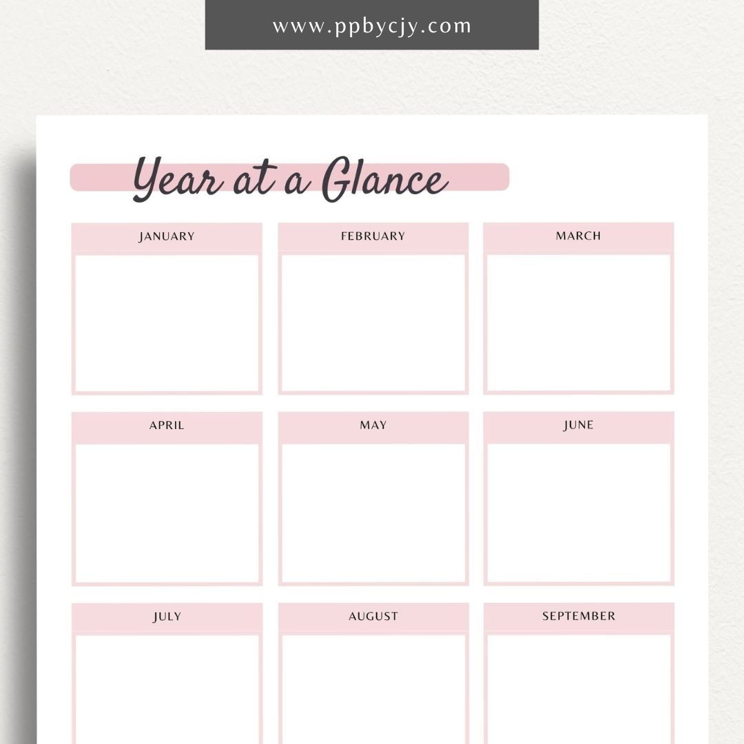 Year at a Glance Printable Template – Digital download for viewing and organizing the entire year at a glance, including important dates, events, and milestones