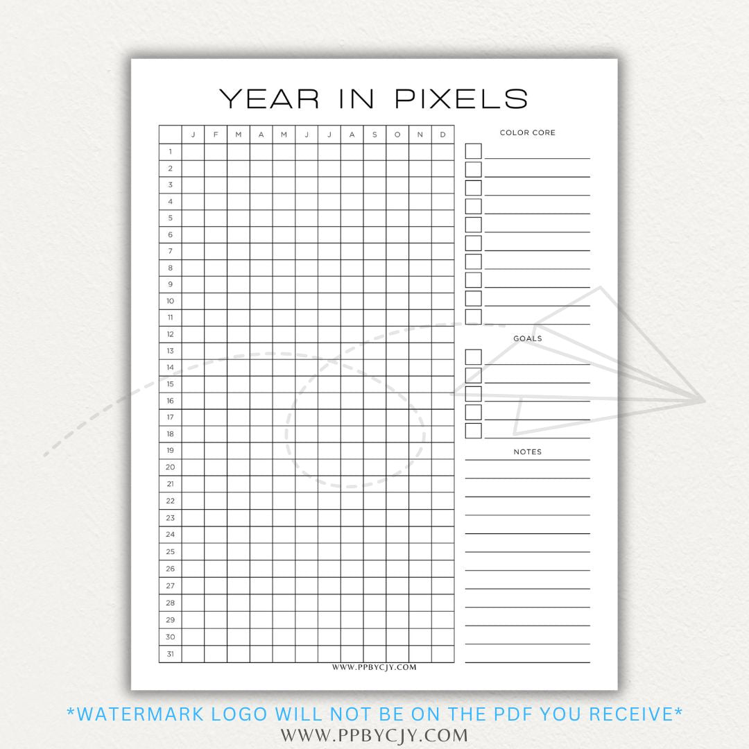 Year in Pixels Chart Printable PDF Template for tracking daily moods, emotions, and habits using a color-coded system for self-reflection and personal growth.

