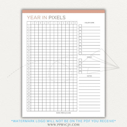 Year in Pixels Chart Printable PDF Template for tracking daily moods, emotions, and habits using a color-coded system for self-reflection and personal growth.

