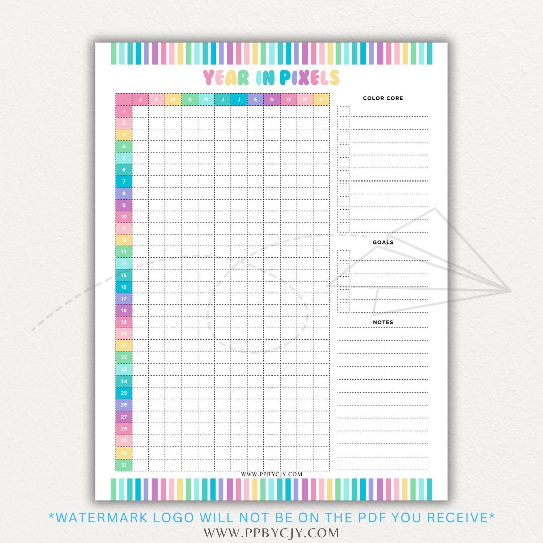 Year in Pixels Chart Printable PDF Template for tracking daily moods, emotions, and habits using a color-coded system for self-reflection and personal growth.

