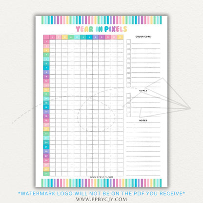 Year in Pixels Chart Printable PDF Template for tracking daily moods, emotions, and habits using a color-coded system for self-reflection and personal growth.

