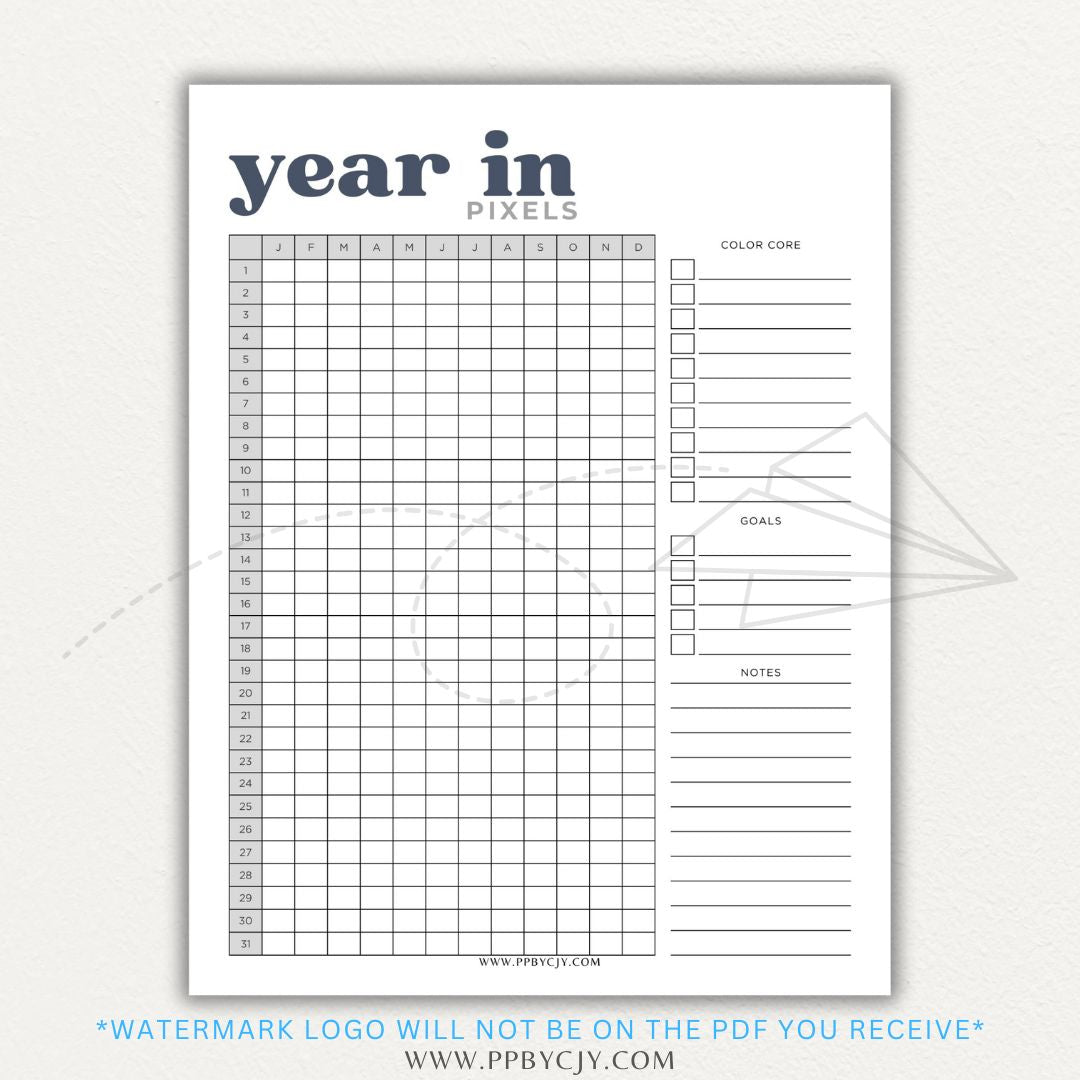 Year in Pixels Chart Printable PDF Template for tracking daily moods, emotions, and habits using a color-coded system for self-reflection and personal growth.

