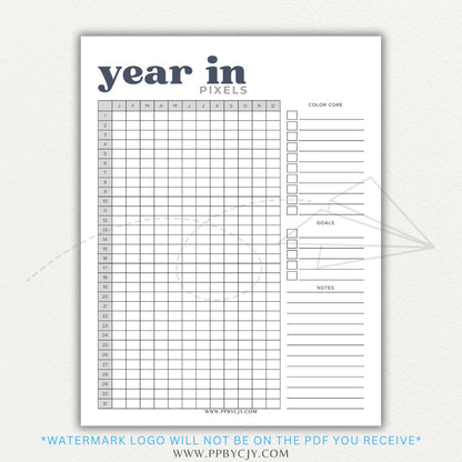 Year in Pixels Chart Printable PDF Template for tracking daily moods, emotions, and habits using a color-coded system for self-reflection and personal growth.

