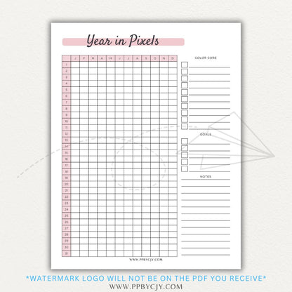 Year in Pixels Chart Printable PDF Template for tracking daily moods, emotions, and habits using a color-coded system for self-reflection and personal growth.

