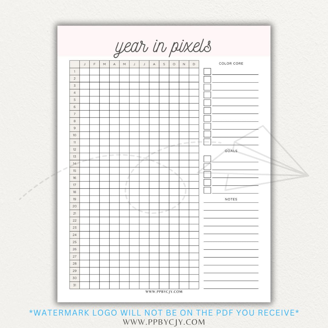 Year in Pixels Chart Printable PDF Template for tracking daily moods, emotions, and habits using a color-coded system for self-reflection and personal growth.

