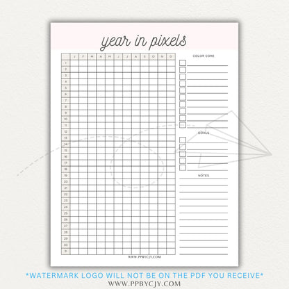 Year in Pixels Chart Printable PDF Template for tracking daily moods, emotions, and habits using a color-coded system for self-reflection and personal growth.

