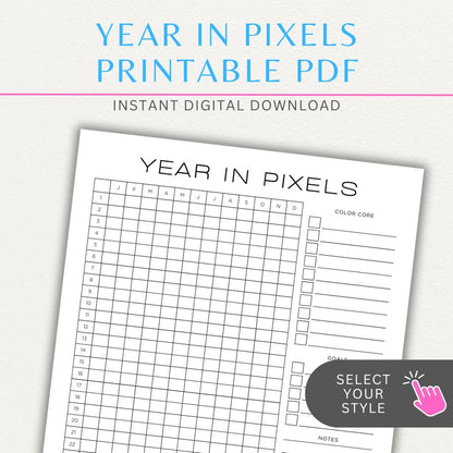 Year in Pixels Chart Printable PDF Template for tracking daily moods, emotions, and habits using a color-coded system for self-reflection and personal growth.

