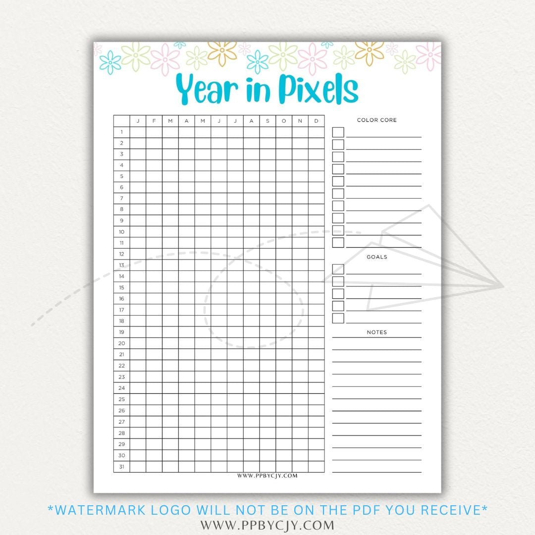 Year in Pixels Chart Printable PDF Template for tracking daily moods, emotions, and habits using a color-coded system for self-reflection and personal growth.

