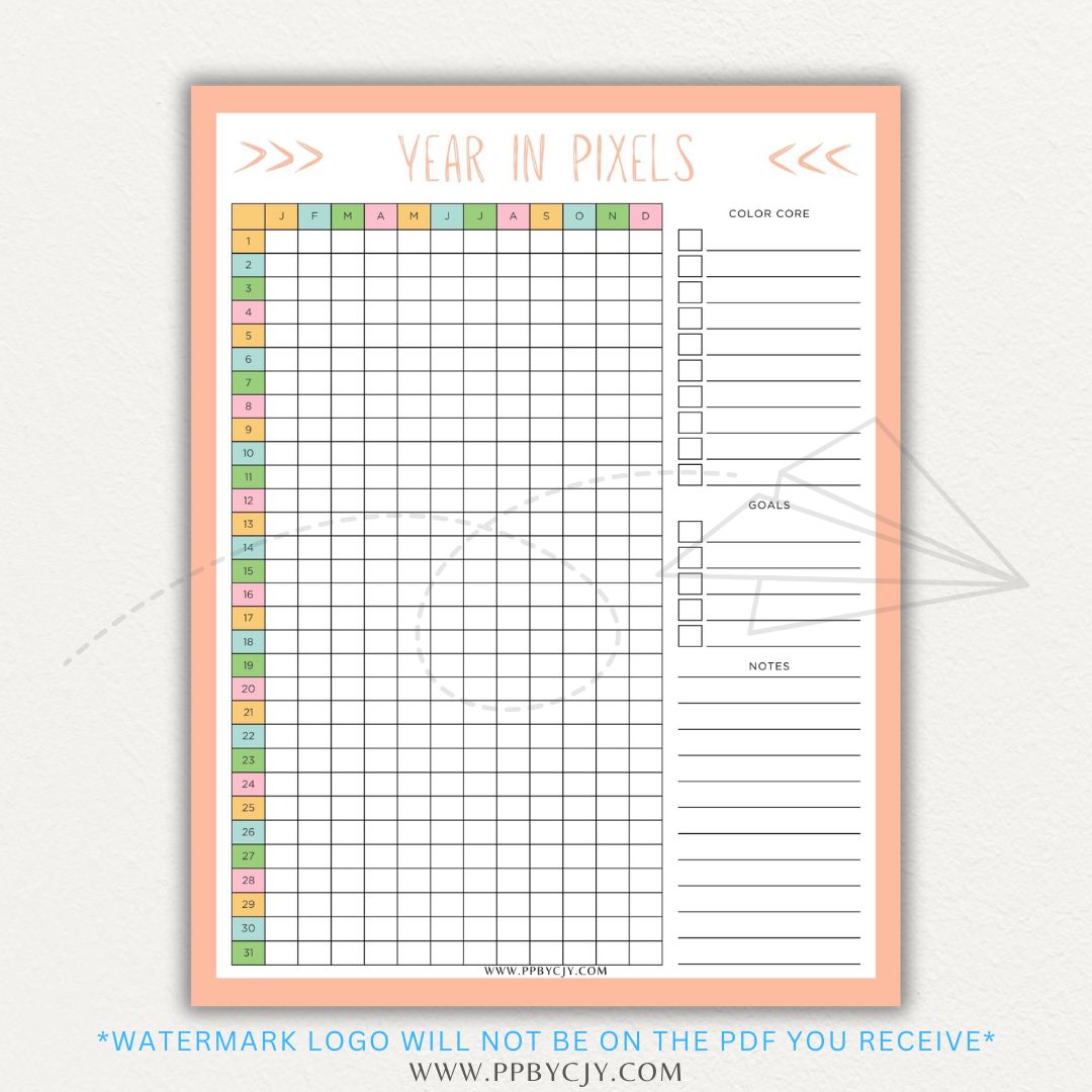 Year in Pixels Chart Printable PDF Template for tracking daily moods, emotions, and habits using a color-coded system for self-reflection and personal growth.

