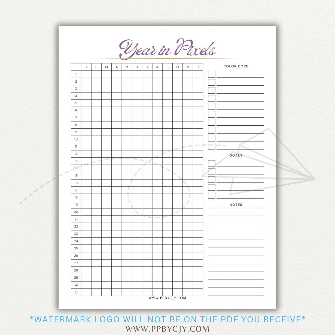 Year in Pixels Chart Printable PDF Template for tracking daily moods, emotions, and habits using a color-coded system for self-reflection and personal growth.

