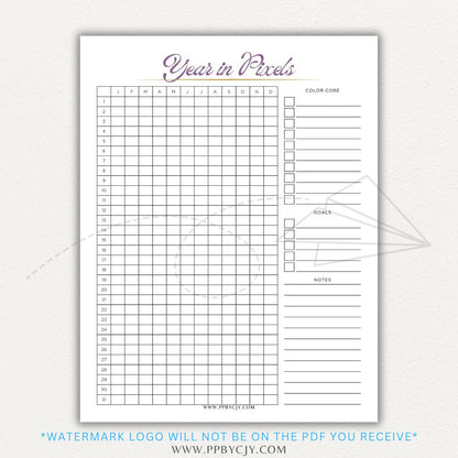 Year in Pixels Chart Printable PDF Template for tracking daily moods, emotions, and habits using a color-coded system for self-reflection and personal growth.

