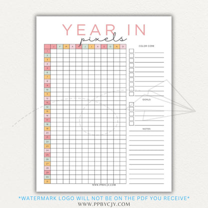 Year in Pixels Chart Printable PDF Template for tracking daily moods, emotions, and habits using a color-coded system for self-reflection and personal growth.

