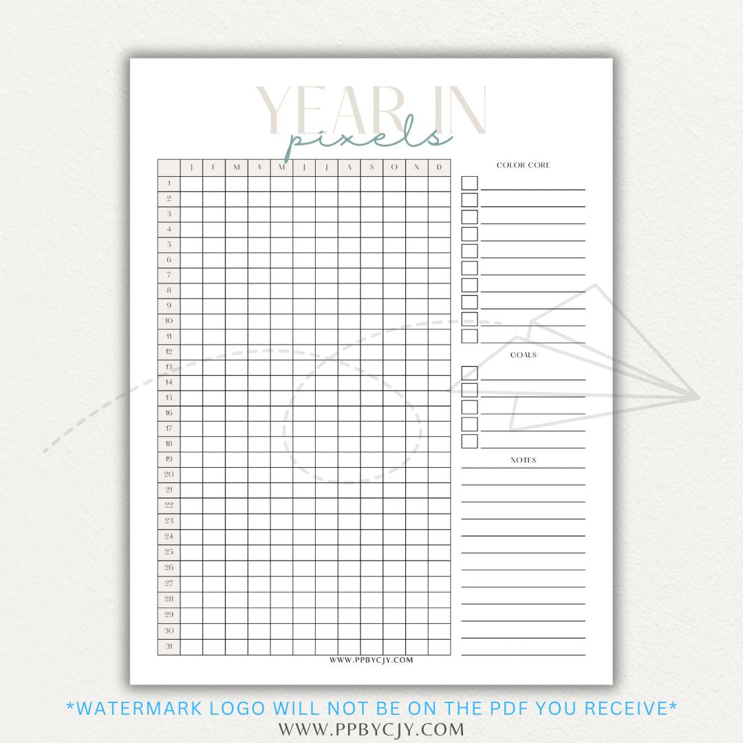 Year in Pixels Chart Printable PDF Template for tracking daily moods, emotions, and habits using a color-coded system for self-reflection and personal growth.

