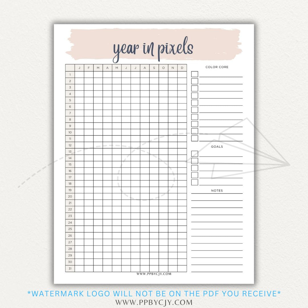 Year in Pixels Chart Printable PDF Template for tracking daily moods, emotions, and habits using a color-coded system for self-reflection and personal growth.

