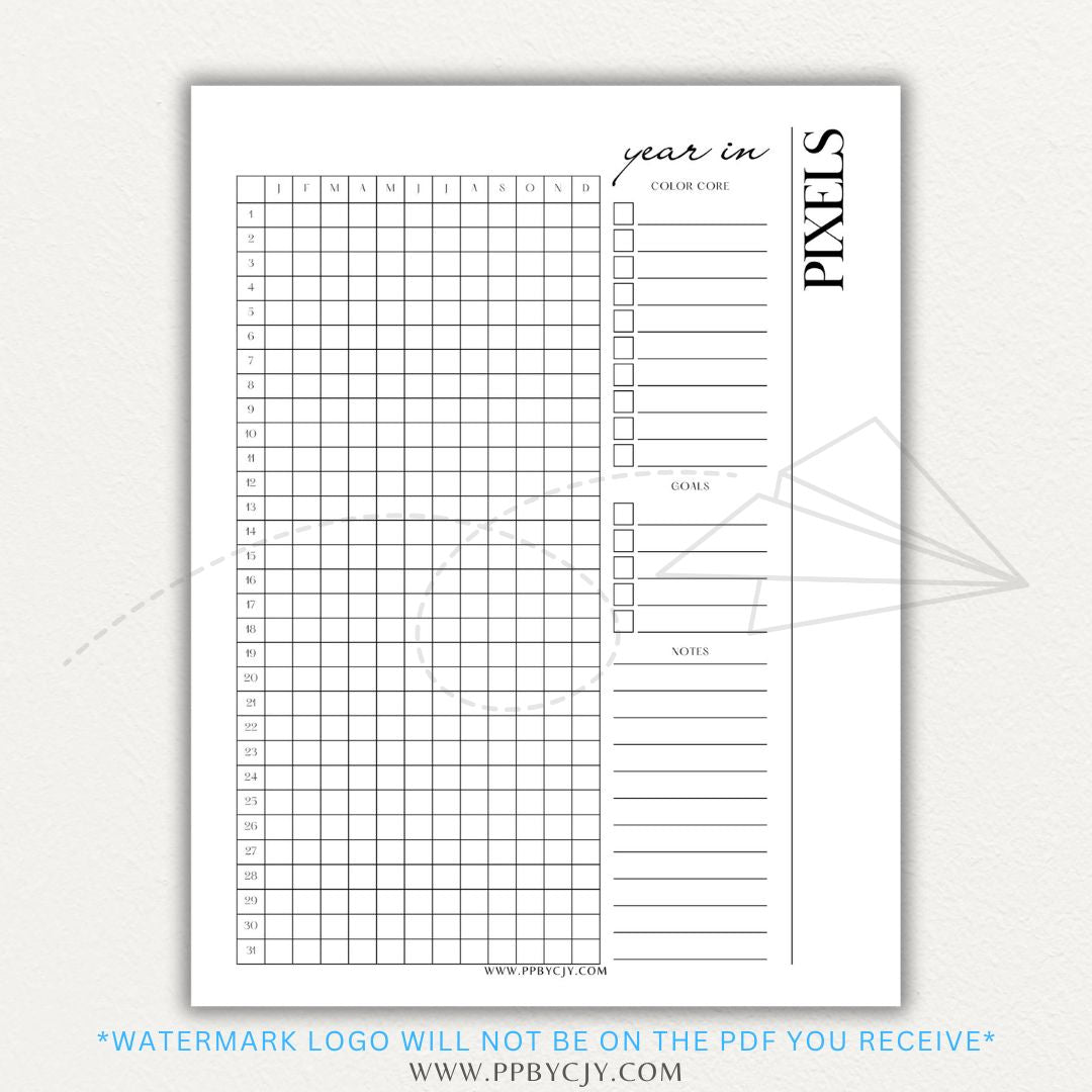 Year in Pixels Chart Printable PDF Template for tracking daily moods, emotions, and habits using a color-coded system for self-reflection and personal growth.

