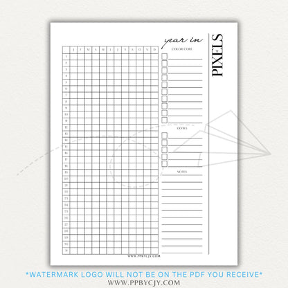 Year in Pixels Chart Printable PDF Template for tracking daily moods, emotions, and habits using a color-coded system for self-reflection and personal growth.

