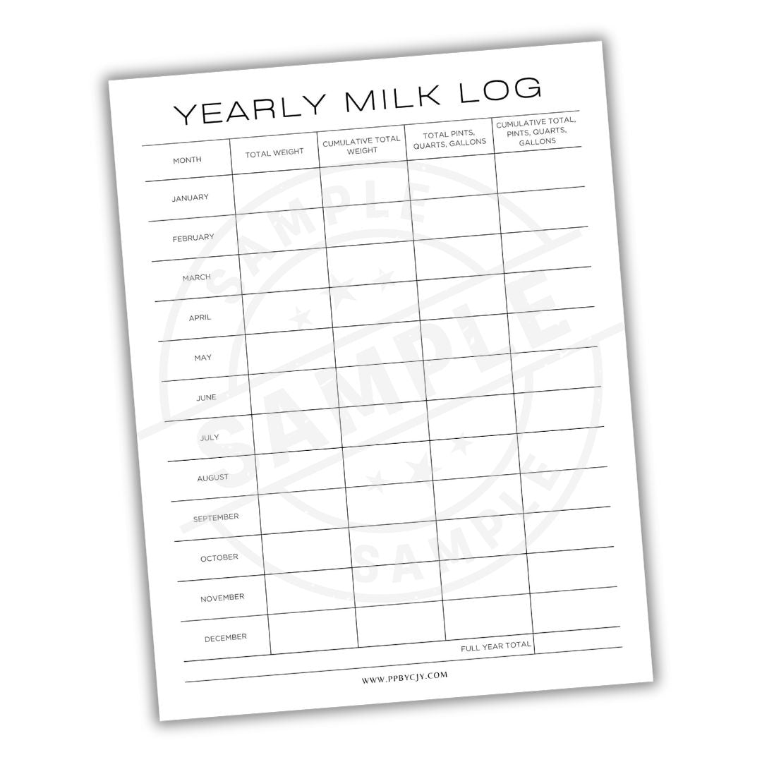 Yearly milk log sheet with a white background