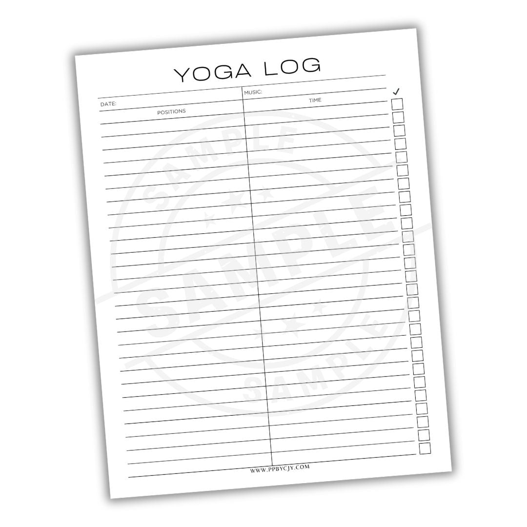Yoga log sheet with columns for date, position, music, and time on a white background.