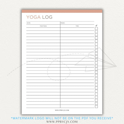 Yoga Log Printable PDF Template for tracking sessions, poses, progress, and mindfulness reflections to enhance yoga practice and personal growth.

