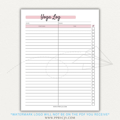 Yoga Log Printable PDF Template for tracking sessions, poses, progress, and mindfulness reflections to enhance yoga practice and personal growth.

