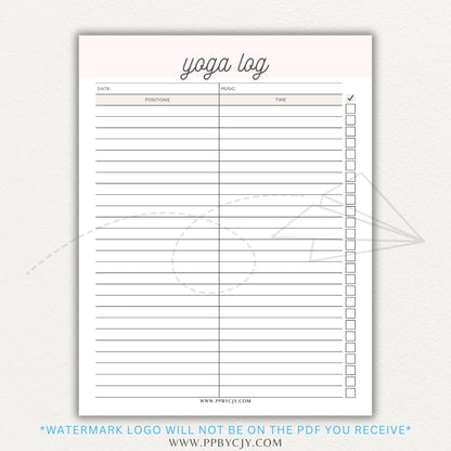 Yoga Log Printable PDF Template for tracking sessions, poses, progress, and mindfulness reflections to enhance yoga practice and personal growth.

