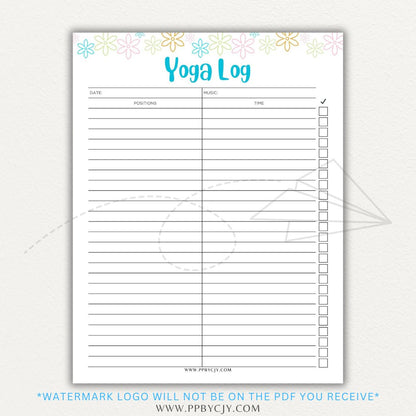 Yoga Log Printable PDF Template for tracking sessions, poses, progress, and mindfulness reflections to enhance yoga practice and personal growth.


