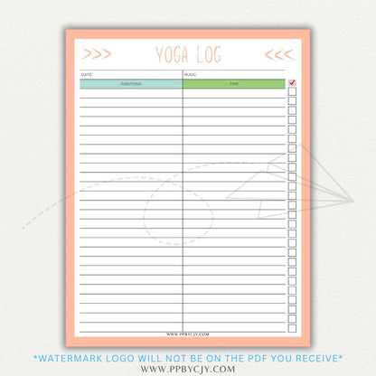 Yoga Log Printable PDF Template for tracking sessions, poses, progress, and mindfulness reflections to enhance yoga practice and personal growth.

