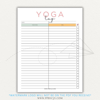 Yoga Log Printable PDF Template for tracking sessions, poses, progress, and mindfulness reflections to enhance yoga practice and personal growth.

