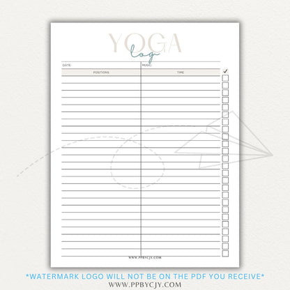 Yoga Log Printable PDF Template for tracking sessions, poses, progress, and mindfulness reflections to enhance yoga practice and personal growth.

