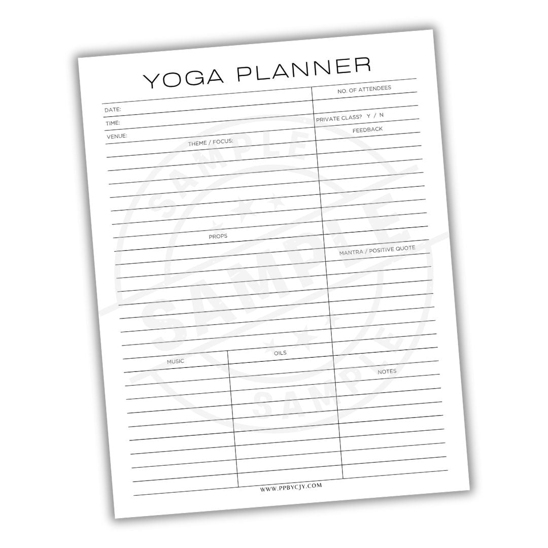 Yoga planner sheet with various columns for recording yoga practice details on a white background.