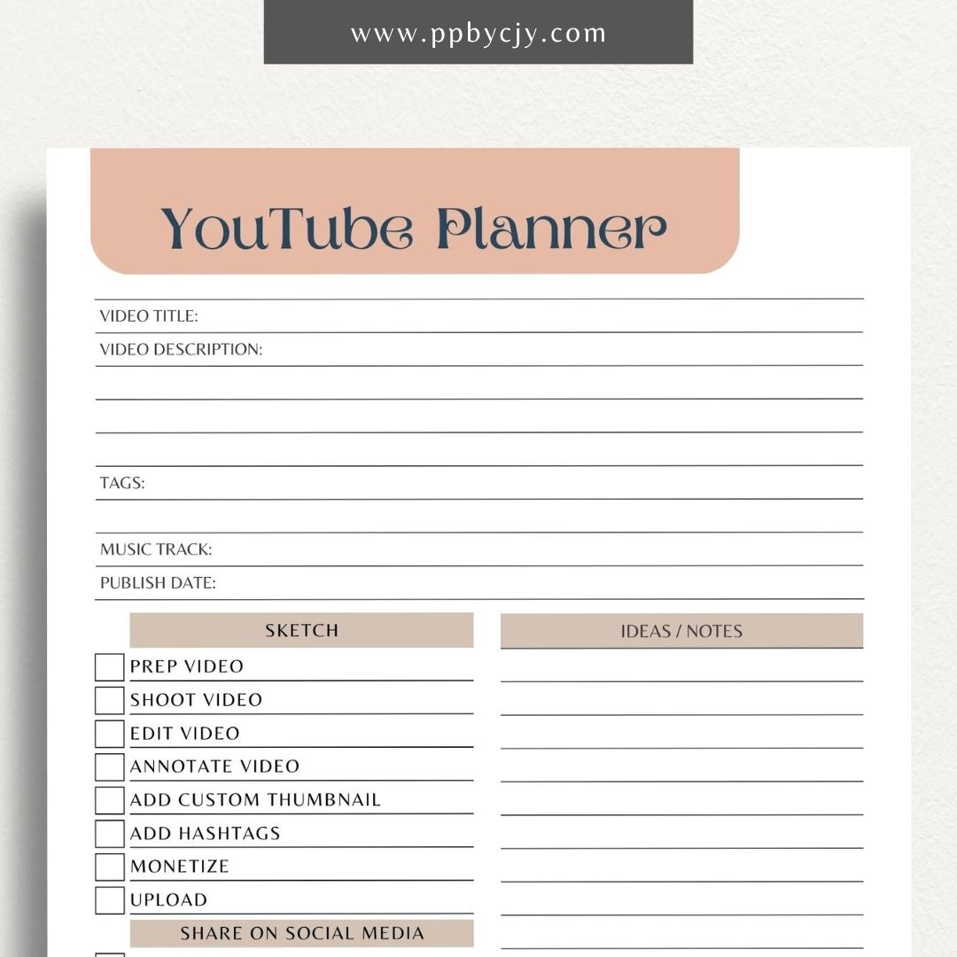 YouTube Planner Printable Template – Digital download for organizing and managing YouTube content, including video ideas, publishing schedules, scripts, and performance tracking