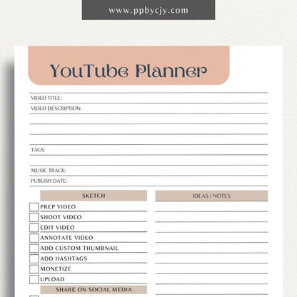 YouTube Planner Printable Template – Digital download for organizing and managing YouTube content, including video ideas, publishing schedules, scripts, and performance tracking