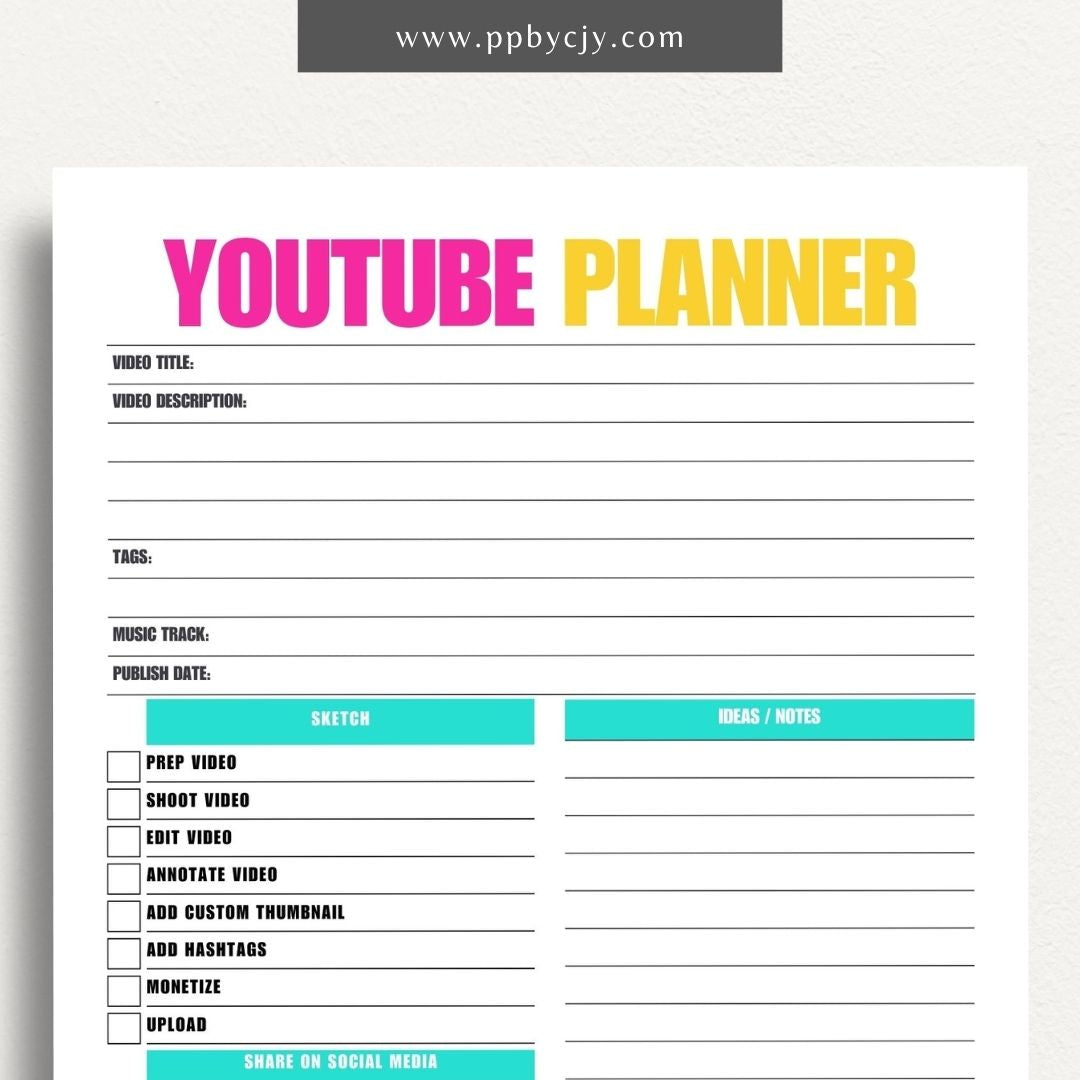 YouTube Planner Printable Template – Digital download for organizing and managing YouTube content, including video ideas, publishing schedules, scripts, and performance tracking